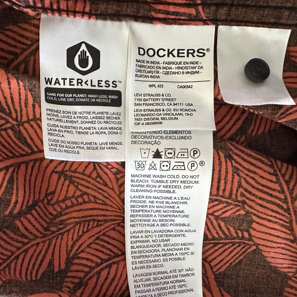 Dockers Mens Short Sleeve Button Down Tropical Palm Floral Shirt Orange Beach L - Picture 6 of 6